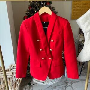 Red blazer with gold buttons